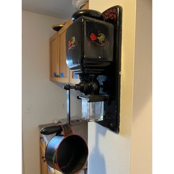 FABULOUS VINTAGE 14" Hand Painted Wall Mount Ceramic & Wood Coffee Grinder - Picture 2 of 16